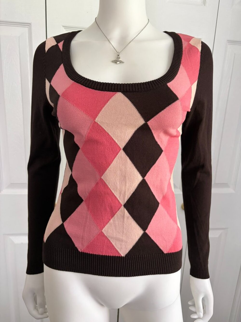 INC size small pink and brown checkered scoop neck knit top